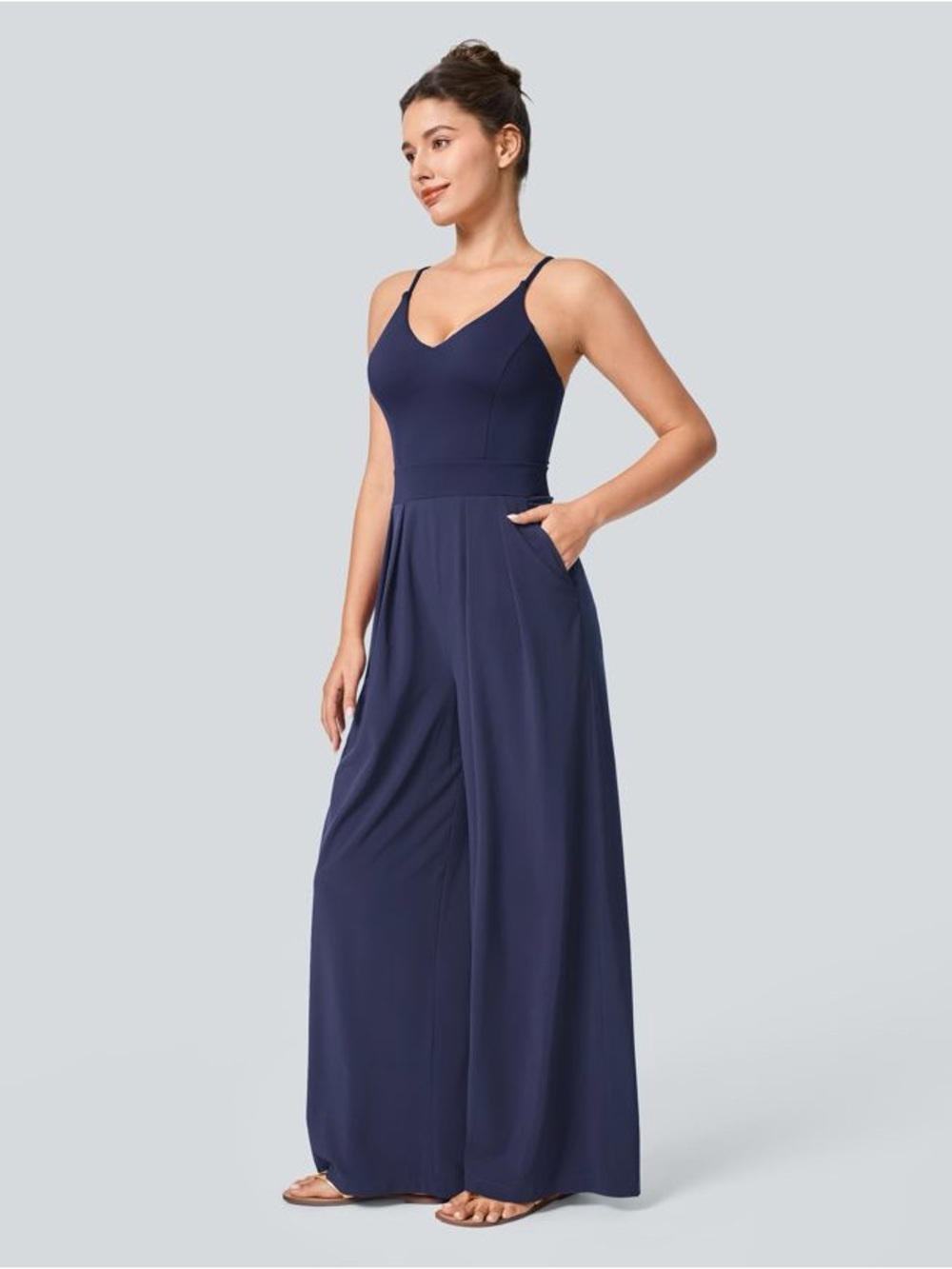 HALARA Navy Wide-Leg Spaghetti Strap Jumpsuit